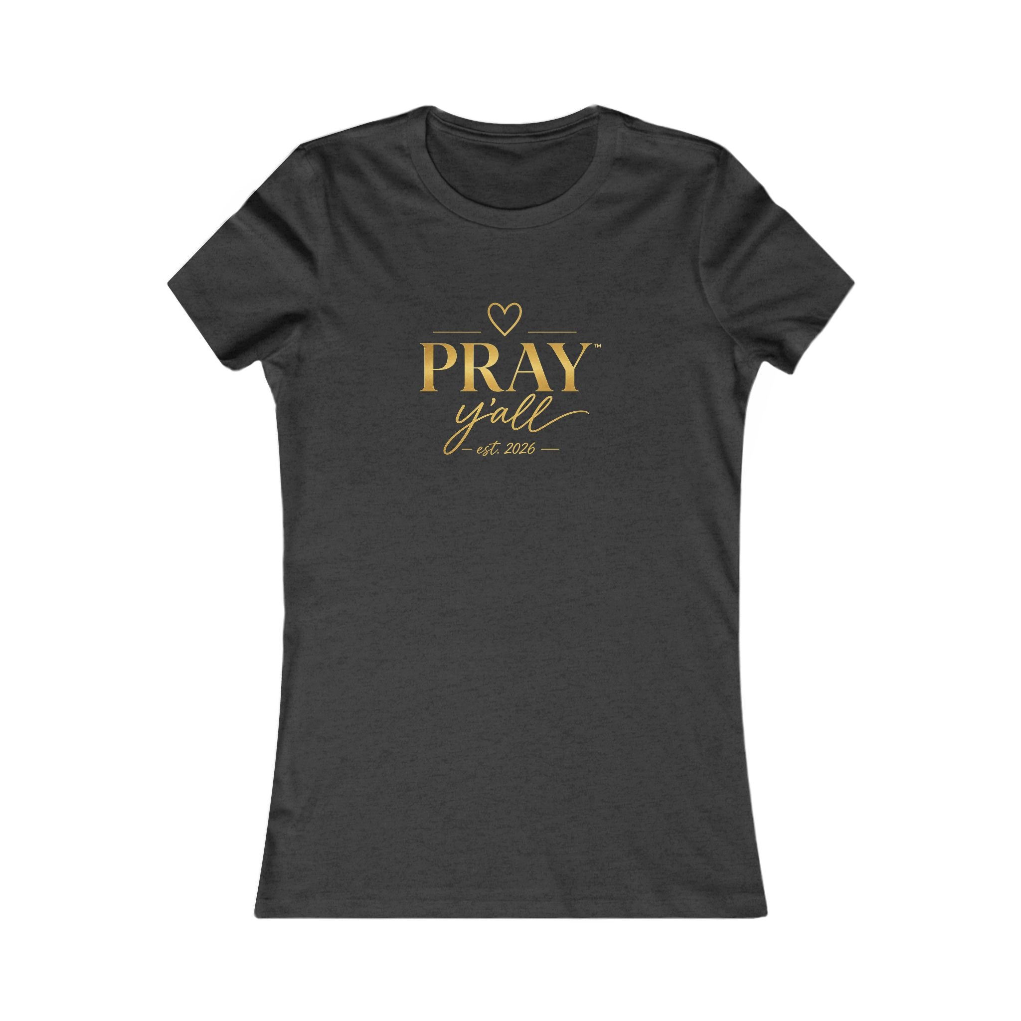 Black t-shirt with gold 'PRAY y'all' text on a white background