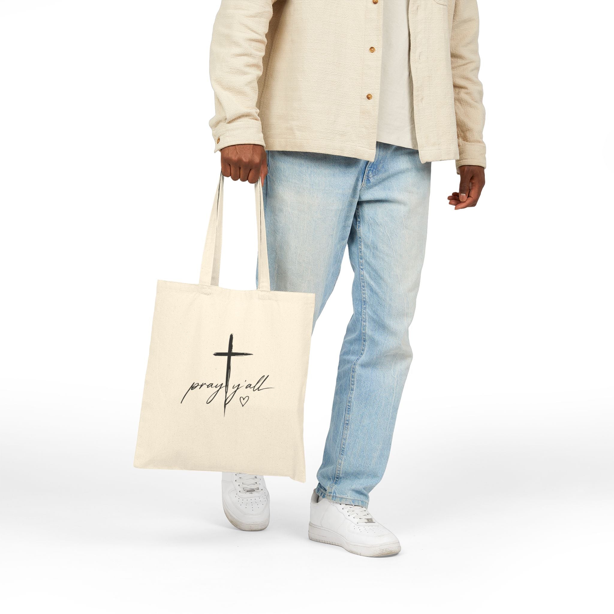 Prayer Cross Tote Bag – “Pray y’all” Cotton Canvas Shopper