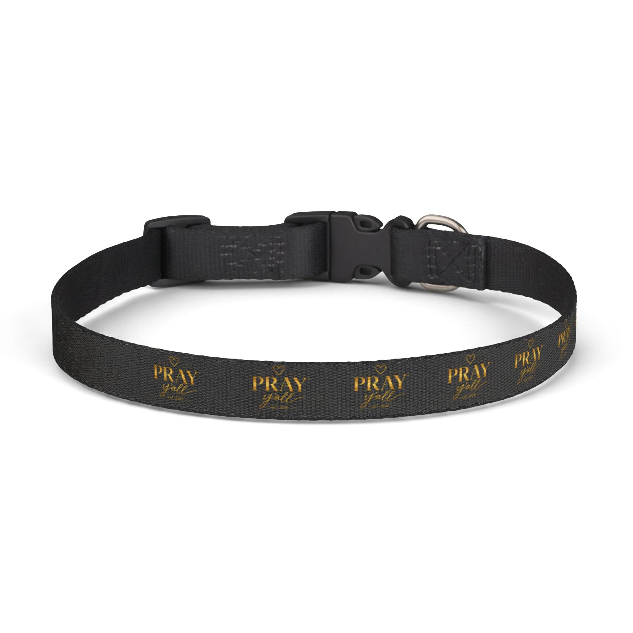Black dog collar with gold text on a white background