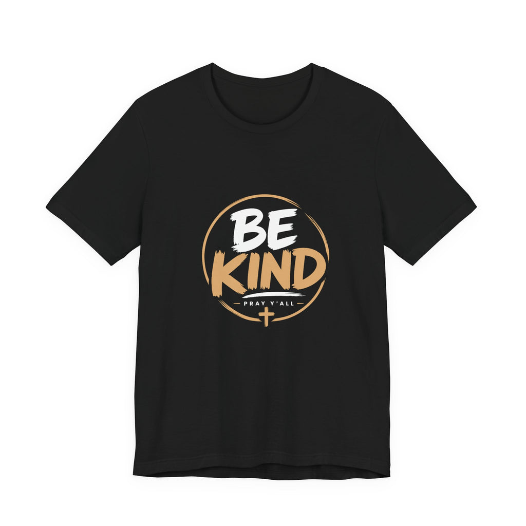 Black t-shirt with 'Be Kind' text on a white background