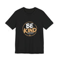 Black t-shirt with 'Be Kind' text on a white background