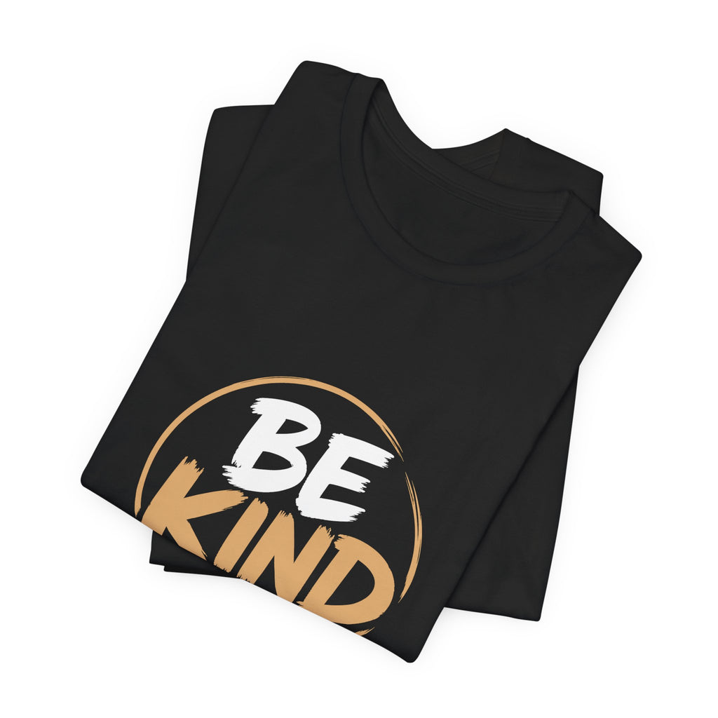 Black t-shirt with 'BE KIND' text on a white background