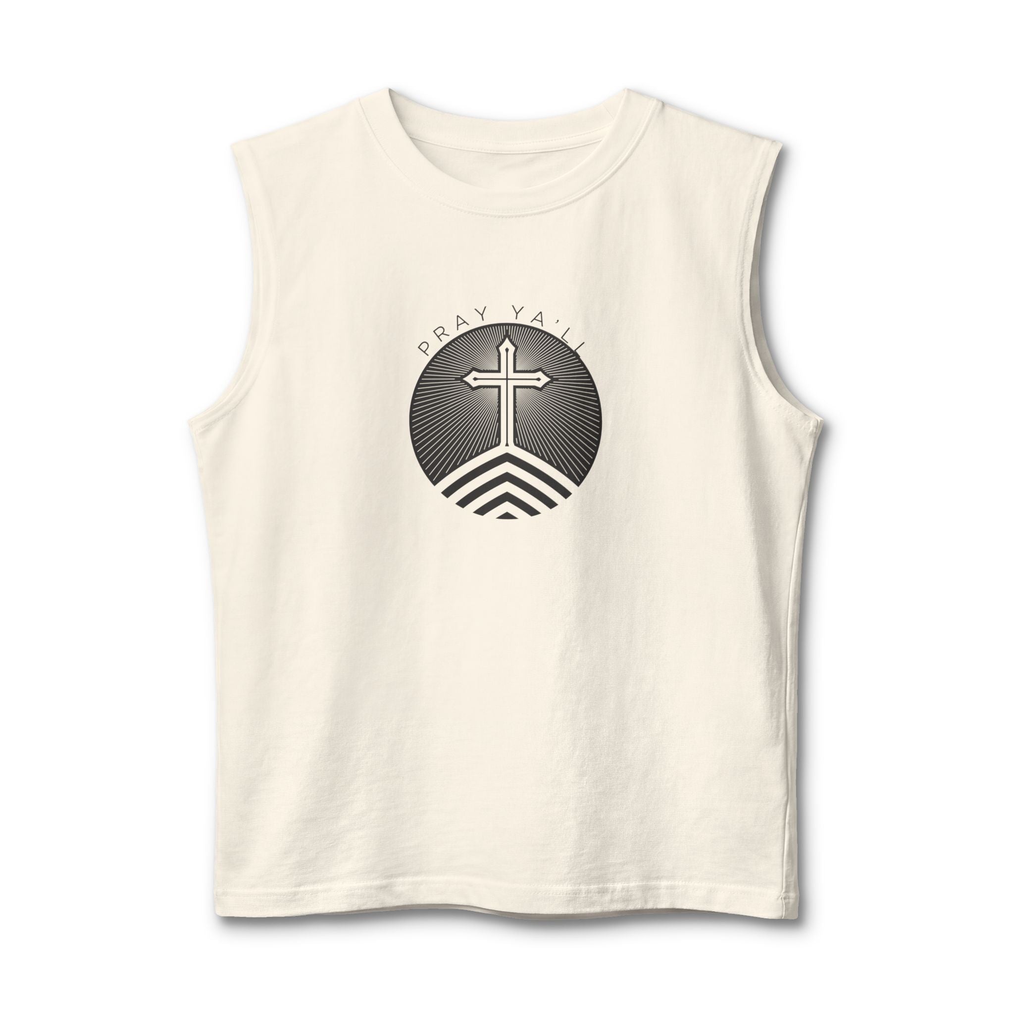 Christian Cross Muscle Tank — Pray Ya'll Retro Faith Graphic
