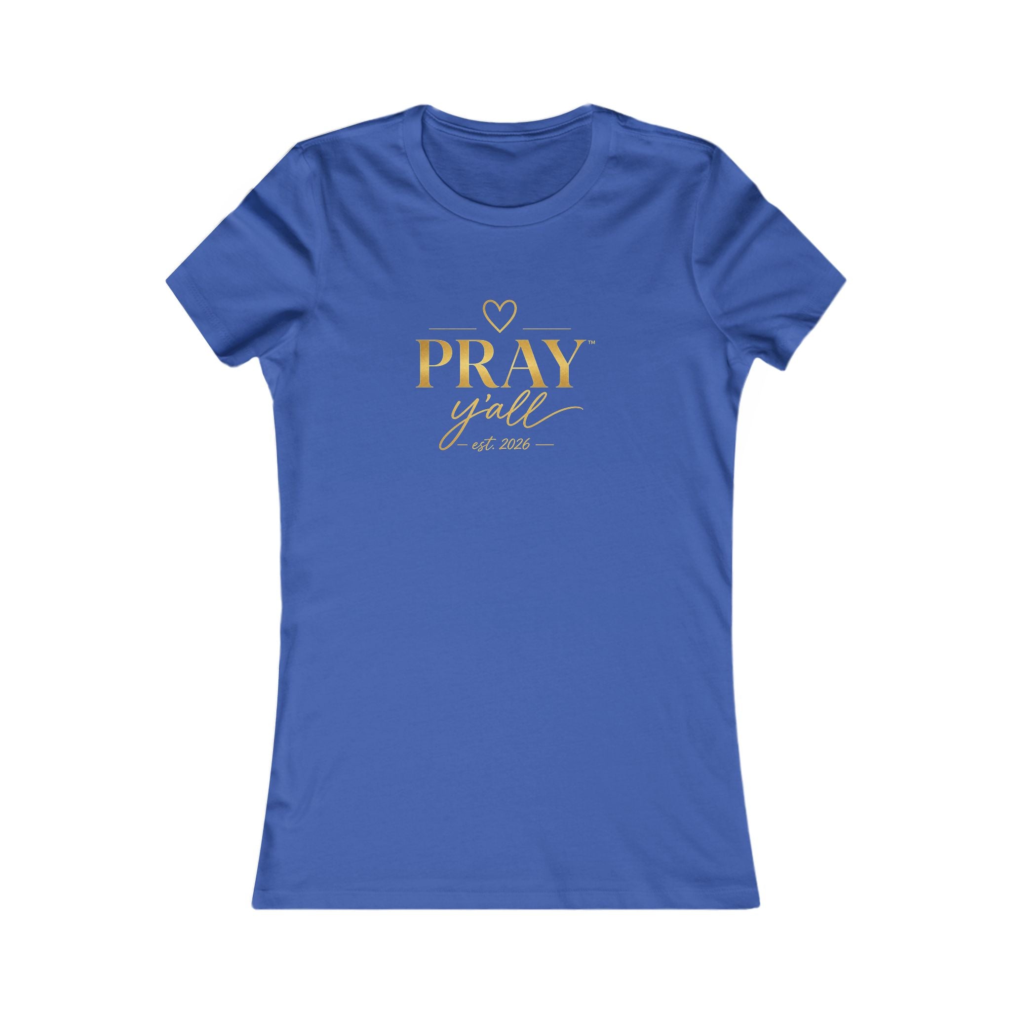 Blue t-shirt with 'PRAY y'all' text on a white background