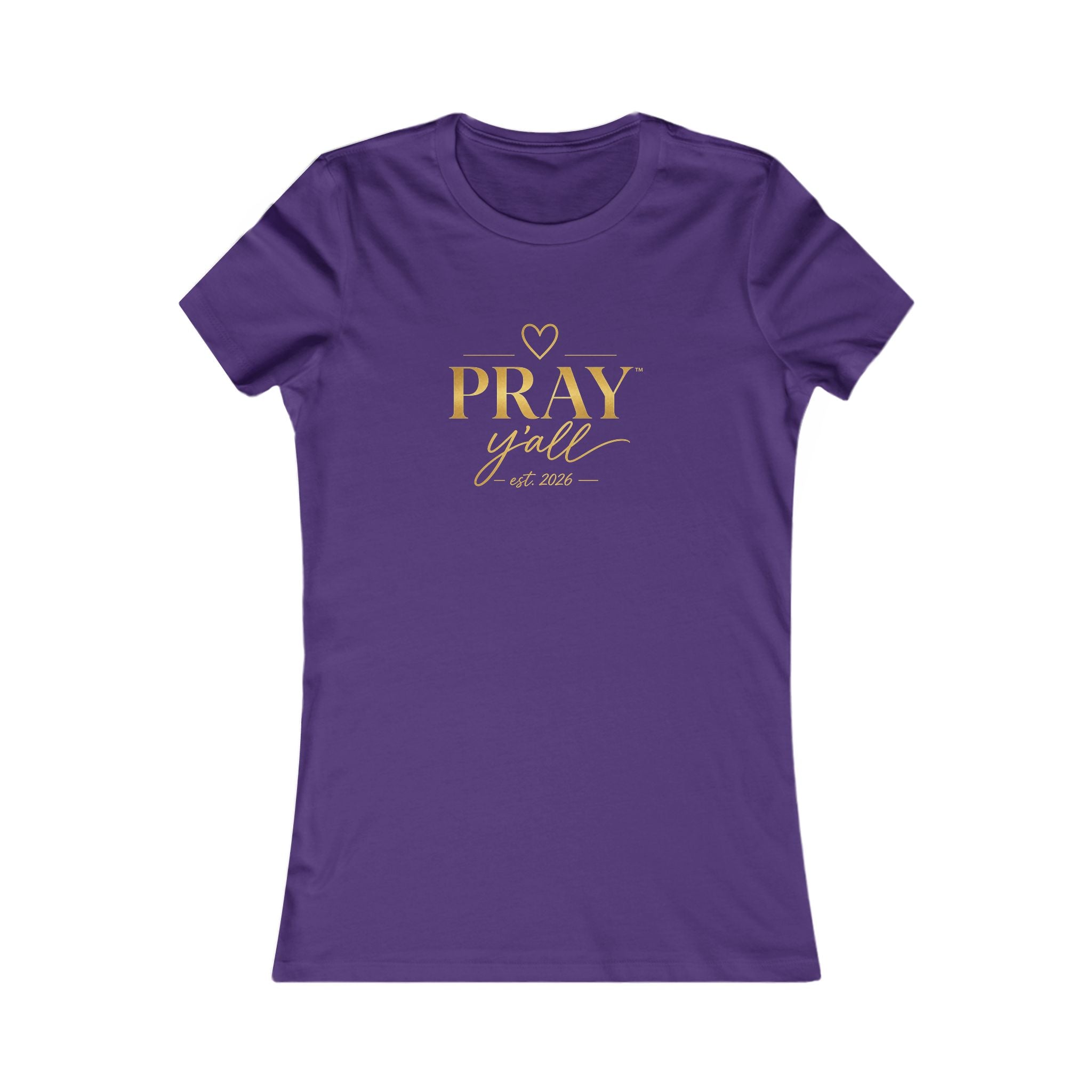 Purple t-shirt with gold text 'PRAY y'all' on a white background