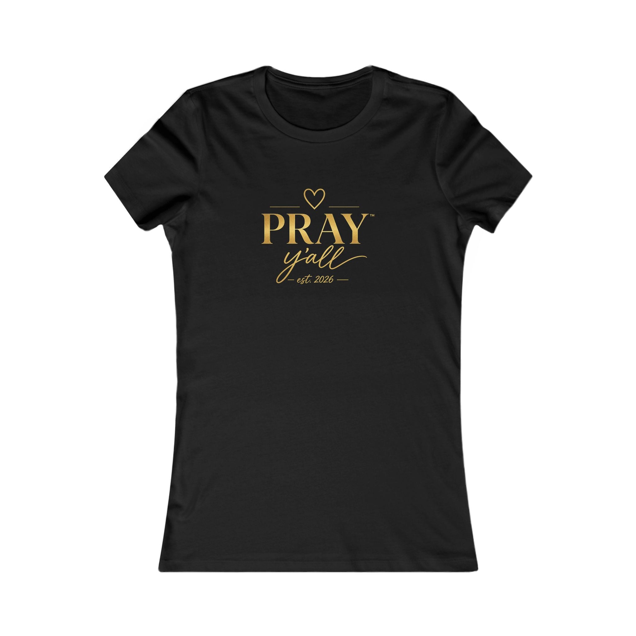 Black t-shirt with gold text 'PRAY y'all' on a white background