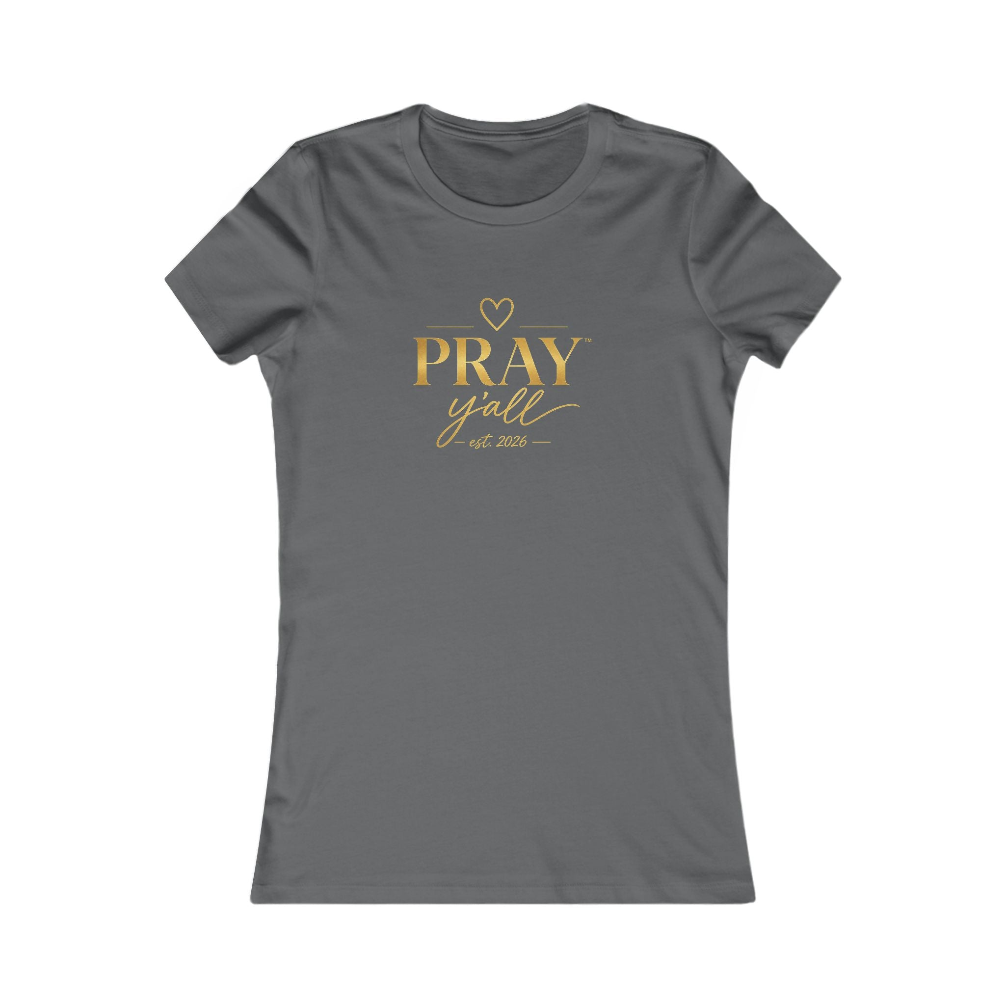 Gray t-shirt with gold text 'PRAY y'all' on a white background