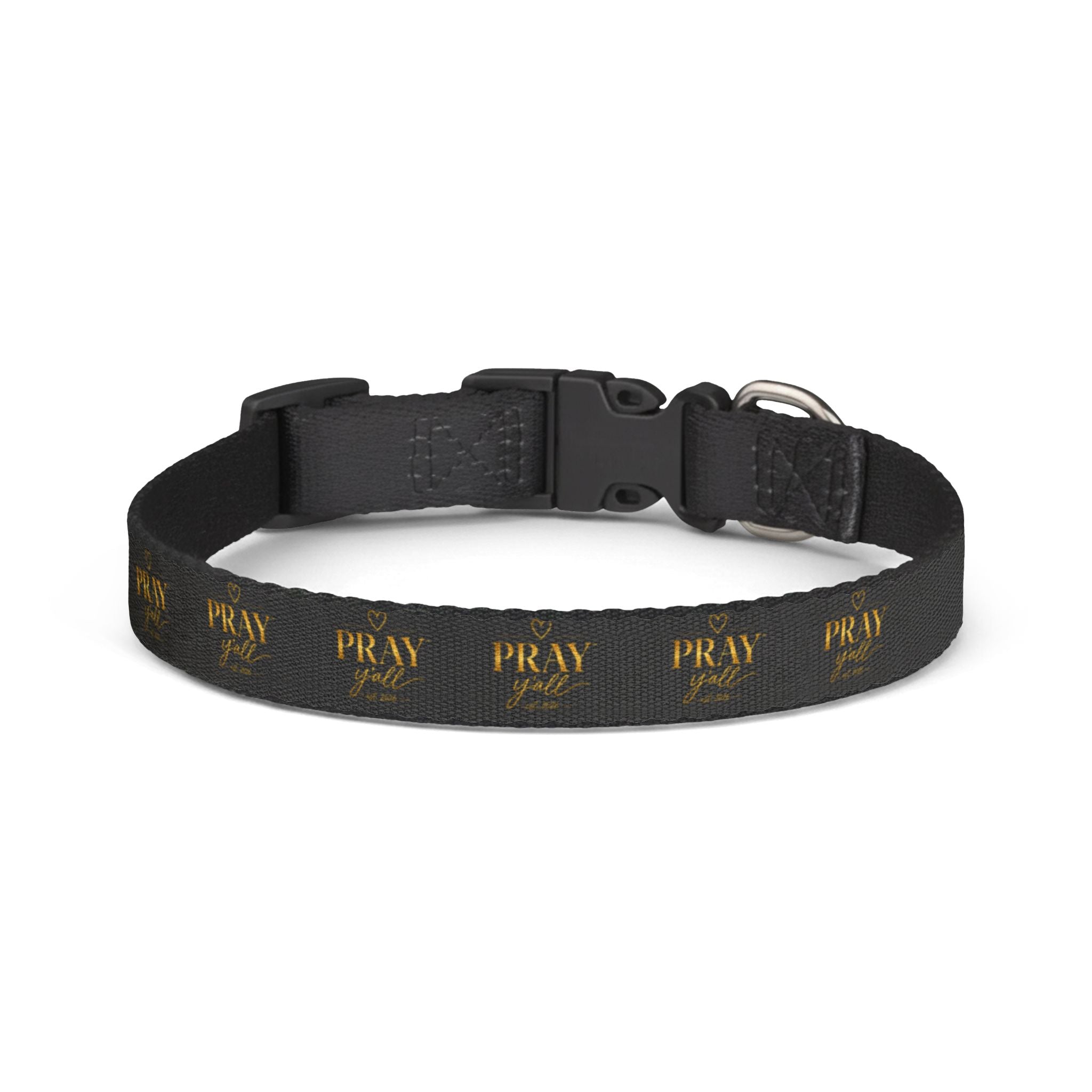 Black dog collar with gold text on a white background
