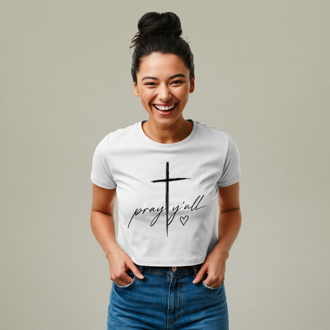 Pray Y'all Women's Baby Tee — Christian Cross Faith Graphic Shirt