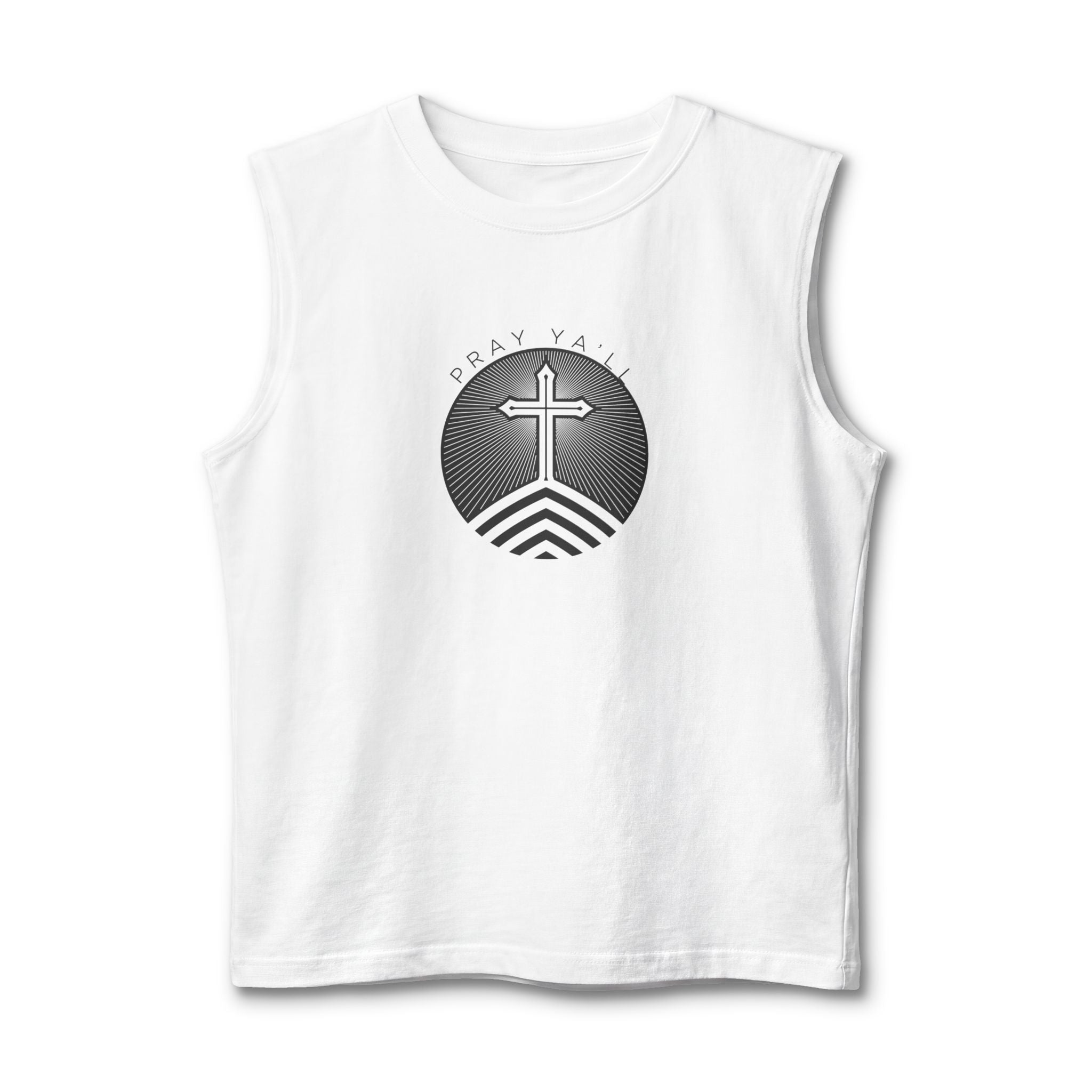 Christian Cross Muscle Tank — Pray Ya'll Retro Faith Graphic