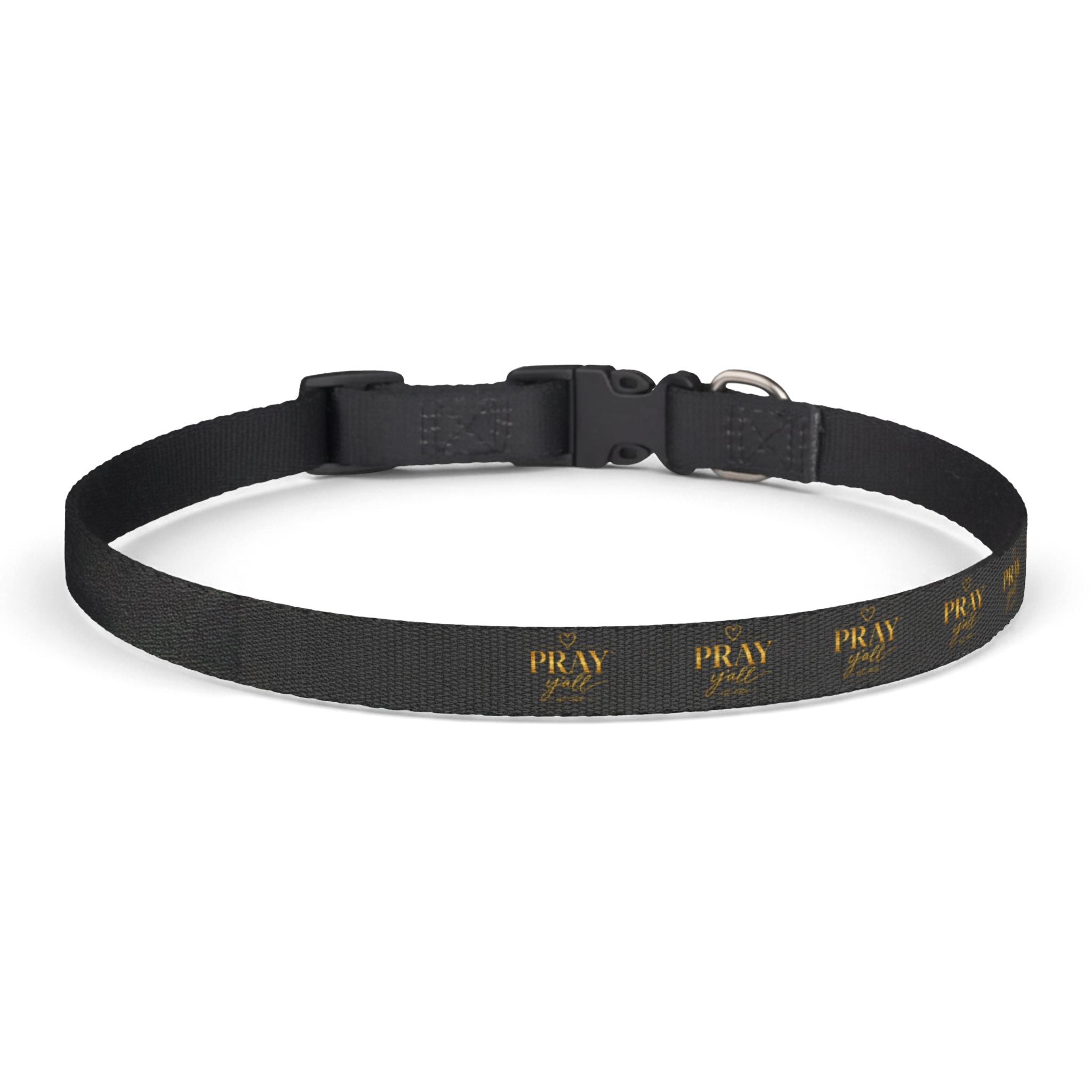 Black dog collar with 'PRAY' text in gold on a white background