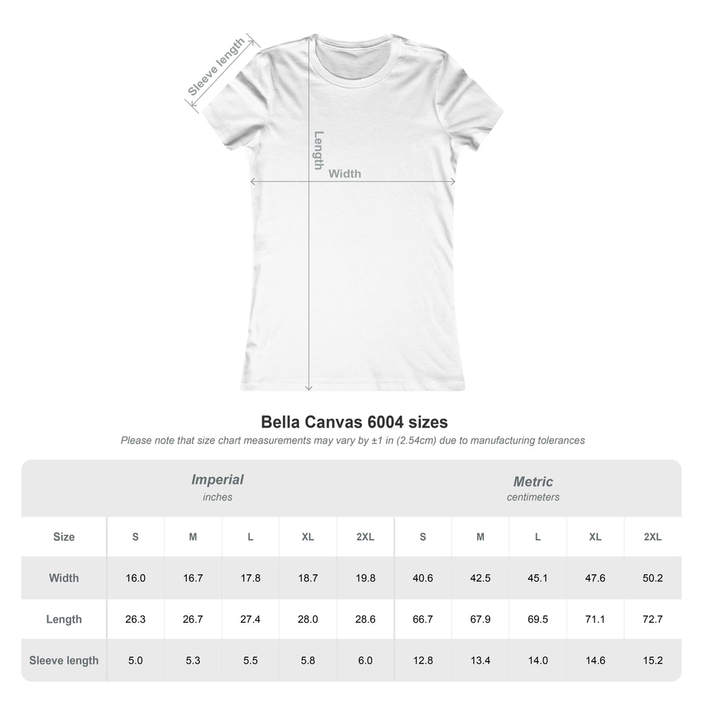 White t-shirt with measurement chart on a white background