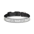 Dog collar with white strap and pink logo on a white background