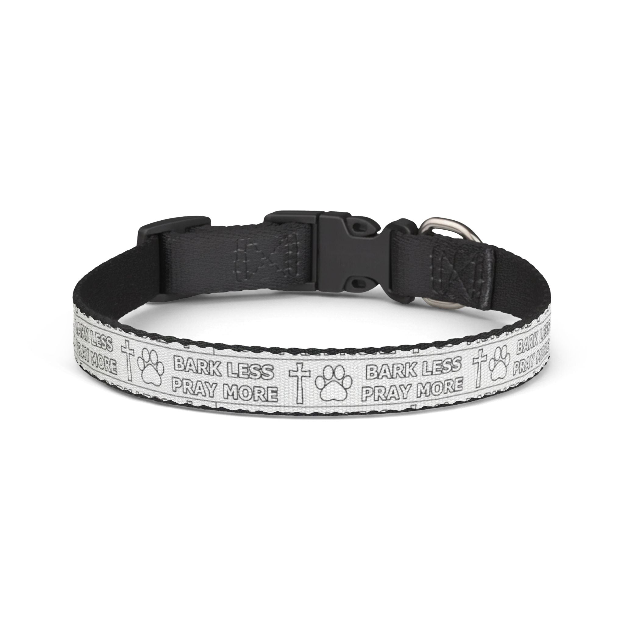 Dog collar with white strap and pink logo on a white background