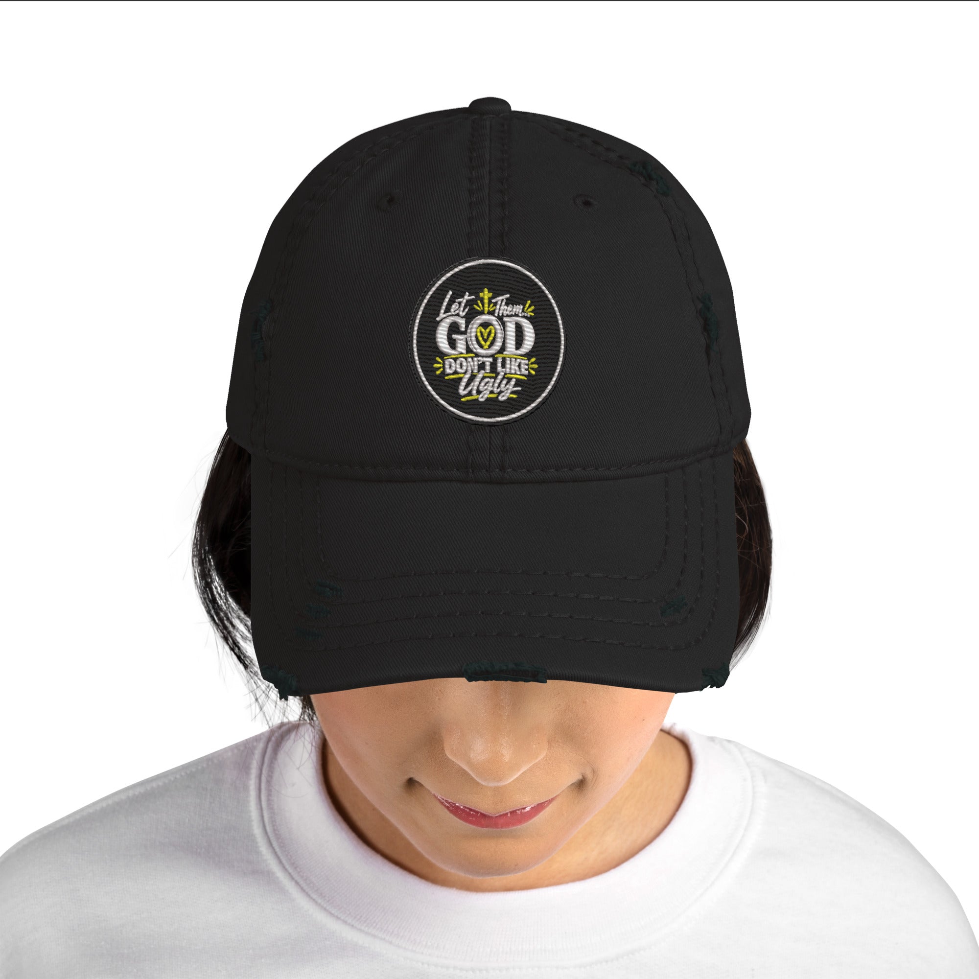 Let Them God Don’t Like Ugly Distressed Dad Hat, Embroidered Christian Hat