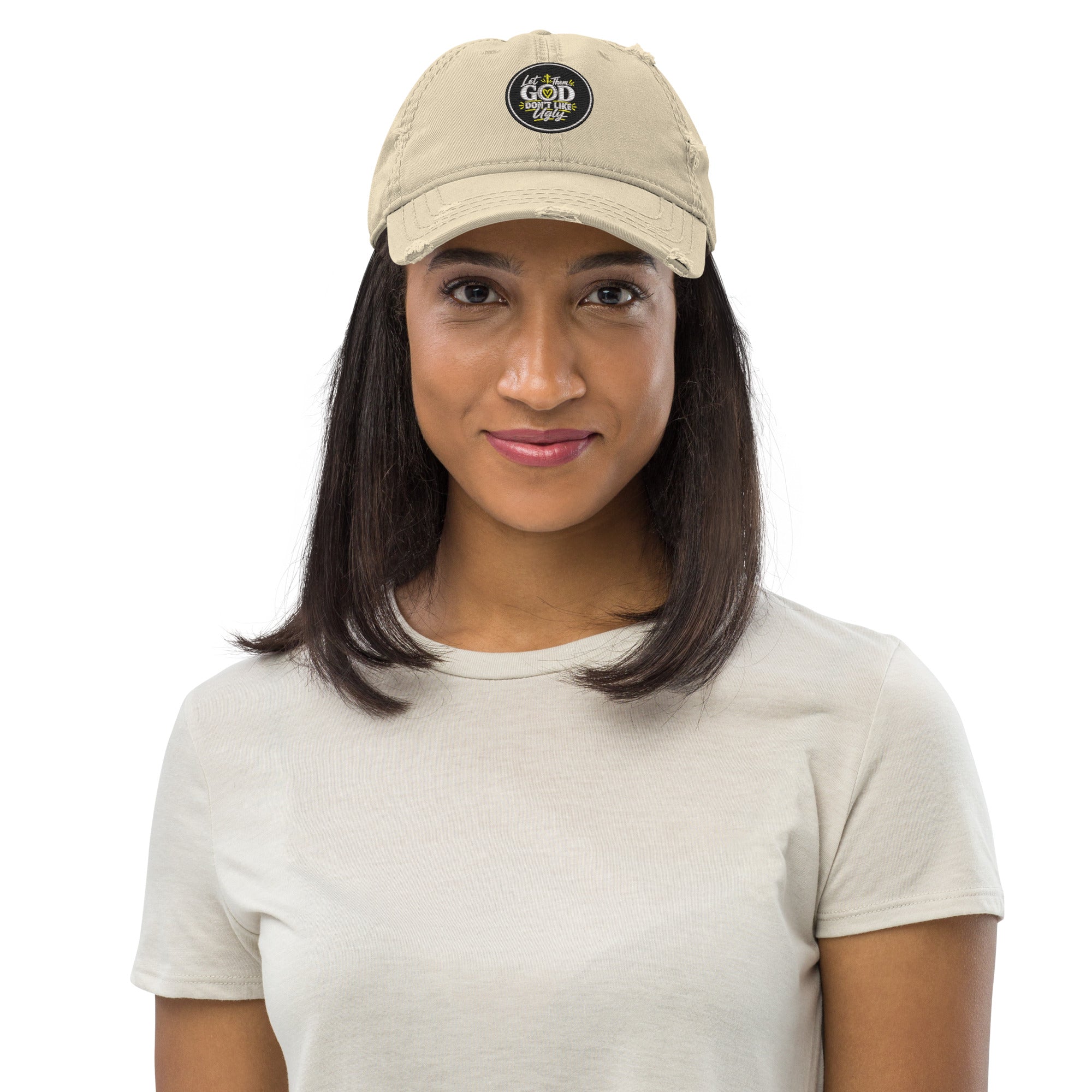 Let Them God Don’t Like Ugly Distressed Dad Hat, Embroidered Christian Hat