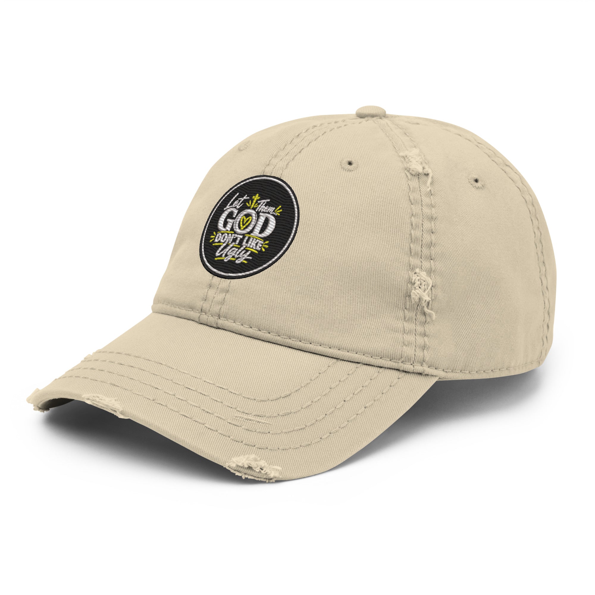 Let Them God Don’t Like Ugly Distressed Dad Hat, Embroidered Christian Hat