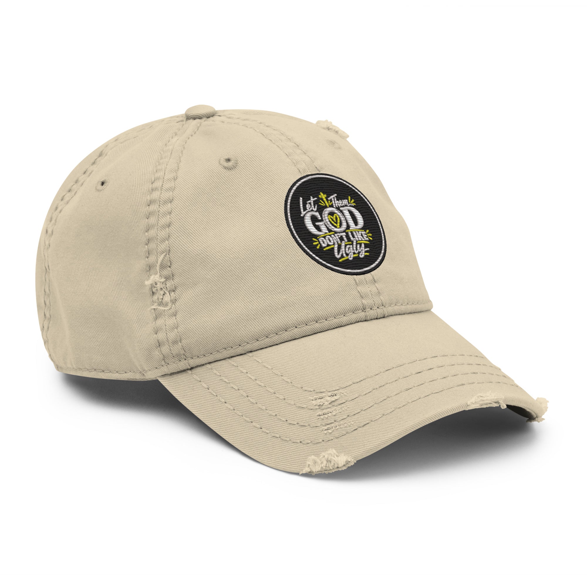 Let Them God Don’t Like Ugly Distressed Dad Hat, Embroidered Christian Hat