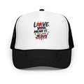 Love You Mean It Y’all Need Jesus Trucker Hat, Embroidered Hat, Funny Christian Hat, Faith Humor Cap, Matching Dog Bandana Set