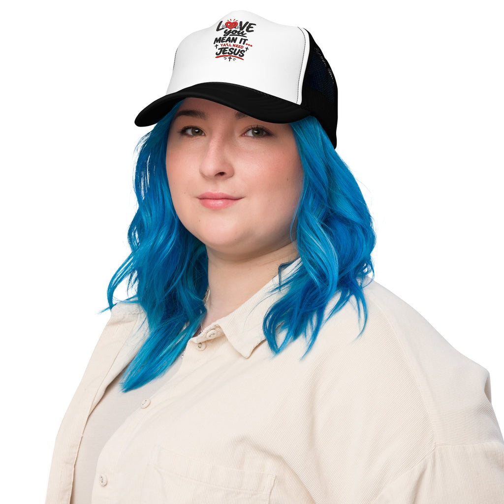 Love You Mean It Y’all Need Jesus Trucker Hat, Embroidered Hat, Funny Christian Hat, Faith Humor Cap, Matching Dog Bandana Set