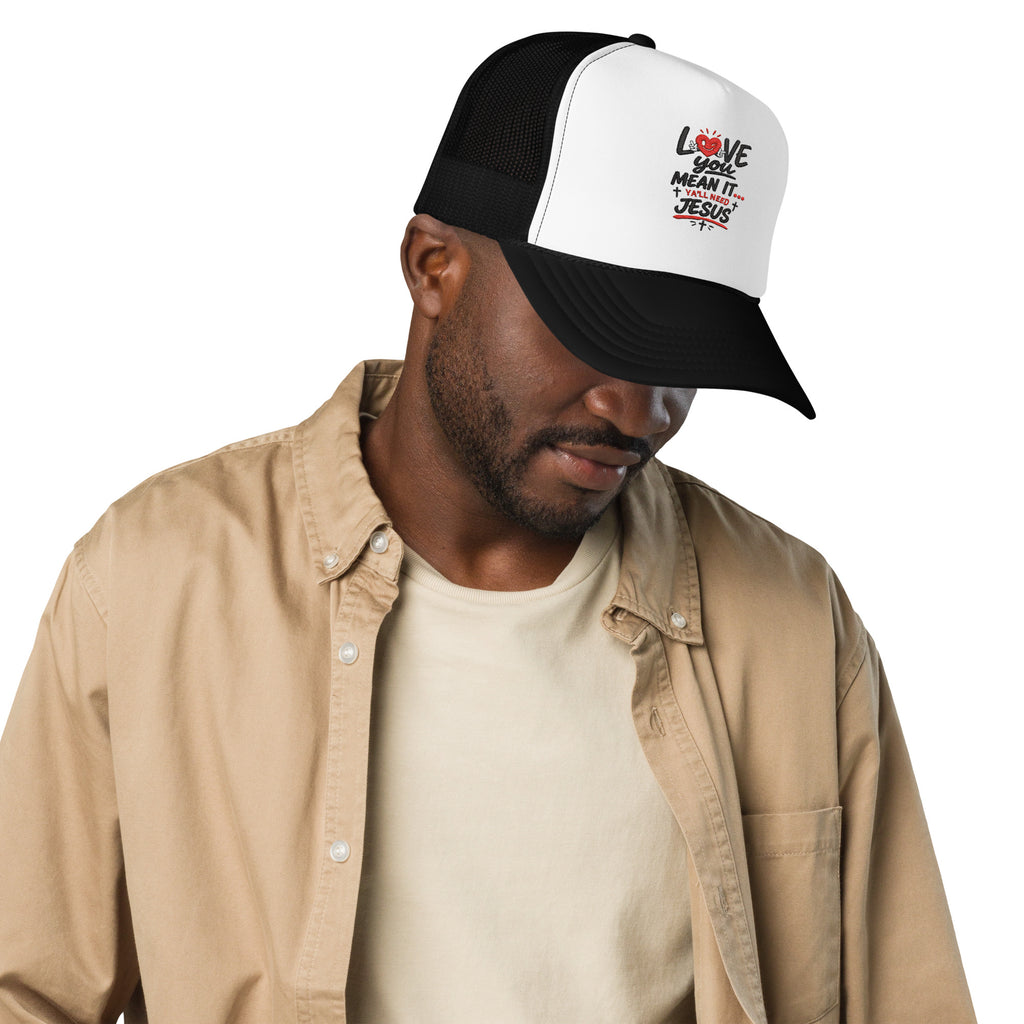 Love You Mean It Y’all Need Jesus Trucker Hat, Embroidered Hat, Funny Christian Hat, Faith Humor Cap, Matching Dog Bandana Set