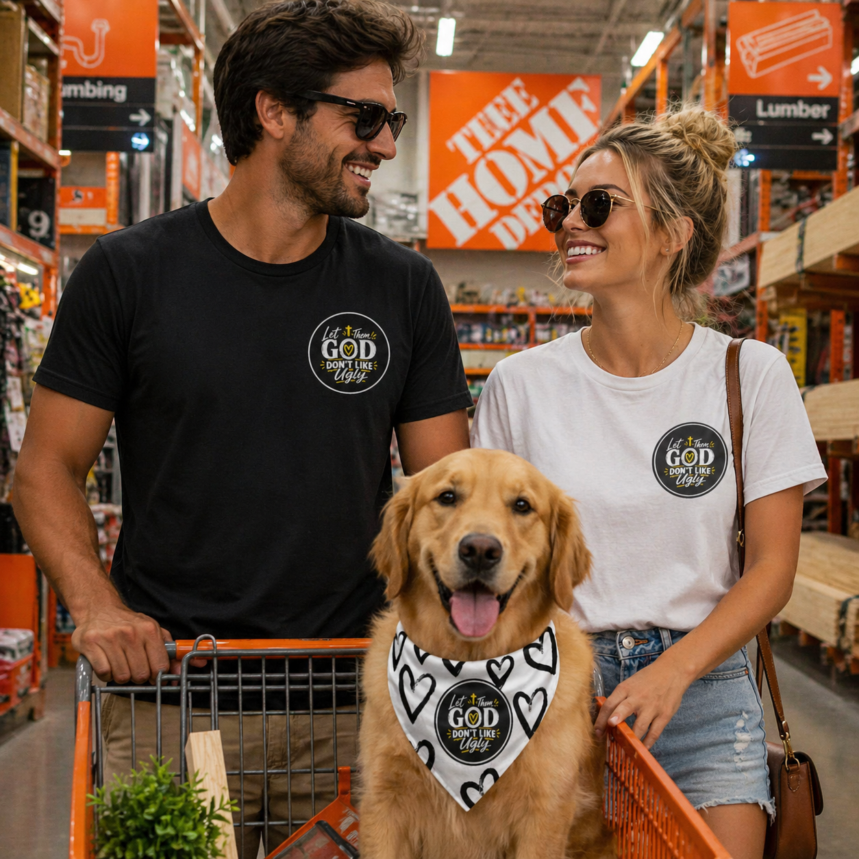 Man and woman with a dog in a Home Depot store