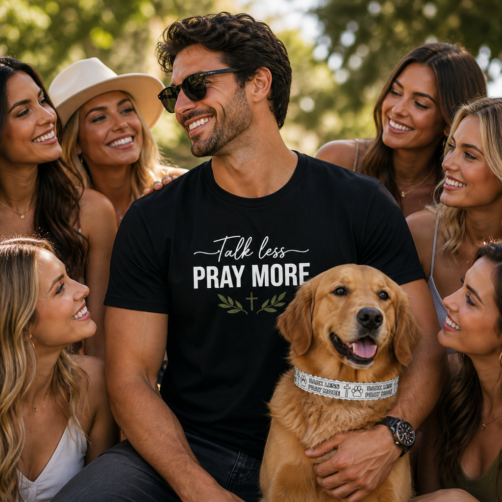 Man wearing a 'Talk less, Pray more' shirt holding a dog surrounded by women outdoors.